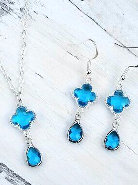Sterling Silver Blue Topaz Necklace & Earrings Set, Blue Topaz Jewelry Set